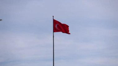 Bir direğin üzerinde zarif bir şekilde dalgalanan Türk bayrağı, açık mavi gökyüzüne karşı dizilmiştir.