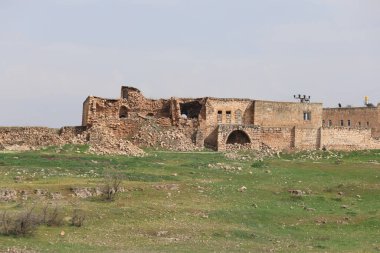 Terk edilmiş, terk edilmiş taştan bir ev. Huzurlu kırsalda duruyor.