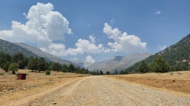 Çam ağaçları ve toprak yolu olan dağ manzarası. Türk Taurus Dağlarının Manzaralı Manzarası