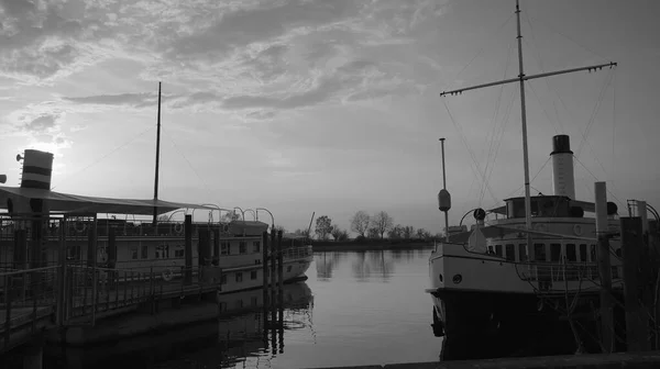 Historic Ships Pier Lake Constance Bregenz Austria Sunset Black White — Stock Photo, Image