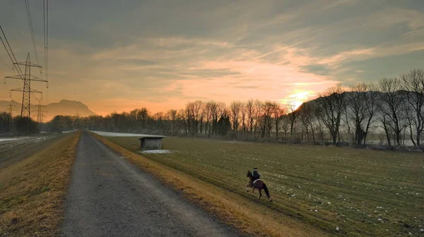 ダム道路の横の牧草地で日没の馬に乗って女性ライダー — ストック写真