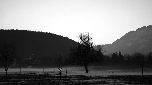 冬には山や教会を背景に 冬には地面に霧のスワット黒と白 — ストック写真