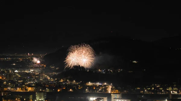 Firework over small town in Feldkirch, Austria