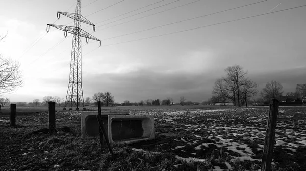 黒と白で地面に牛のための2つの転覆水容器と冬の電柱 — ストック写真