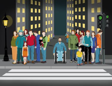 Sokakta yürüyen insanlar, tekerlekli sandalyedeki bir adamla, yalnız. İçerik kavramı. İllüzyon. Büyük şehir 