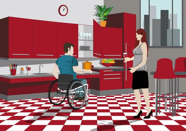 Парочка Кухне Человек Инвалидном Кресле Готовить Мебелью Адаптированной Инвалидности Жена — стоковое фото