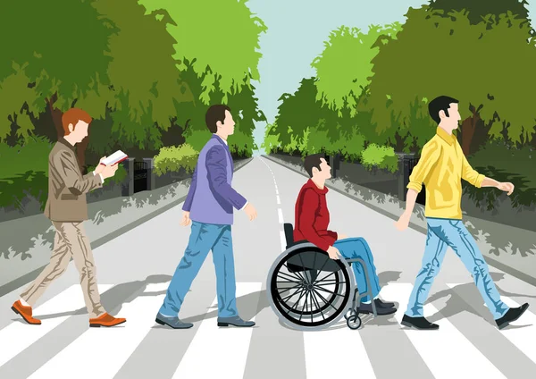 Четверо Мужчин Переходят Улицу Один Инвалидном Кресле — стоковое фото