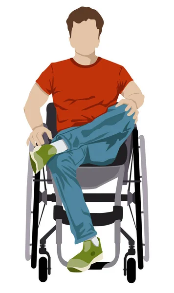 A young man with a disability, wearing bleu jean's and a red t-shirt with a positive attitude towards his disability. Injury to the spinal cord. Fighting prejudice about disability, concept inclusion.