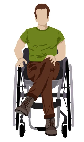 障害のある若い男は 彼の障害への肯定的な態度を持つ月のズボンと緑のTシャツを着ています 脊髄への損傷 障害に対する偏見や概念的包摂と戦う — ストック写真