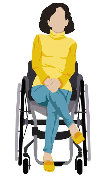 Femme Handicapée Avec Pull Jaune Jeans Dans Son Fauteuil Roulant — Photo