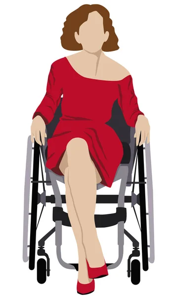 Niepełnosprawna Kobieta Czerwonej Sukience Dżinsy Wózku Inwalidzkim Pozytywnym Nastawieniem Niepełnosprawności — Zdjęcie stockowe