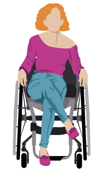 Una Mujer Discapacitada Con Suéter Rosa Vaqueros Silla Ruedas Con — Foto de Stock