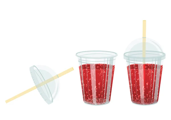 Transparent, recyclable plastic cup with or without lid and straw containing a raspberry strawberry soda, red fruit, blueberry, blackcurrant, gooseberry, cherry