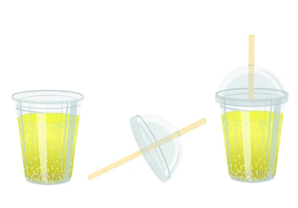 可回收的塑料杯 有或没有盖子 以及含有柠檬水或软饮料 西番莲 菠萝的稻草 — 图库照片