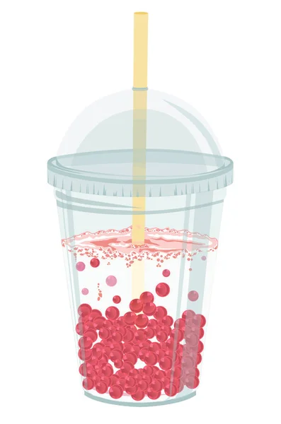 Ein Milchblasentee Mit Erdbeerfruchtperlen Einem Plastikglas Mit Deckel Und Stroh — Stockfoto