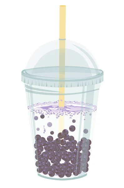 Ein Milchblasentee Mit Blaubeerfruchtperlen Einem Plastikglas Mit Deckel Und Stroh — Stockfoto