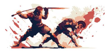 Two gladiators fighting to the death. Roman Spartan holding a spear battling another warrior in a dramatic vector illustration. clipart