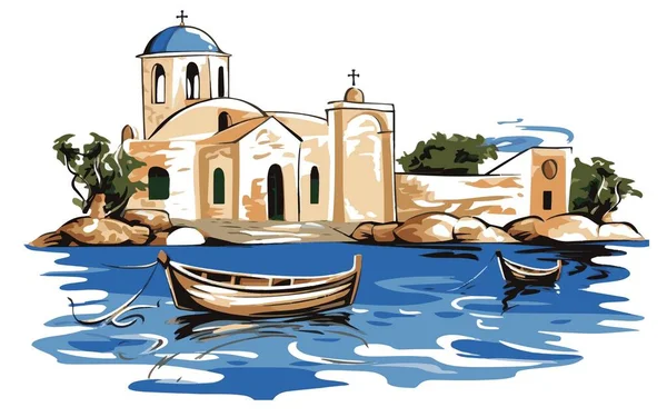 中世のギリシャの風景は白い背景にあります 伝統的なギリシャの建物の前にボートをフィーチャーするベクトルイラスト — ストックベクタ