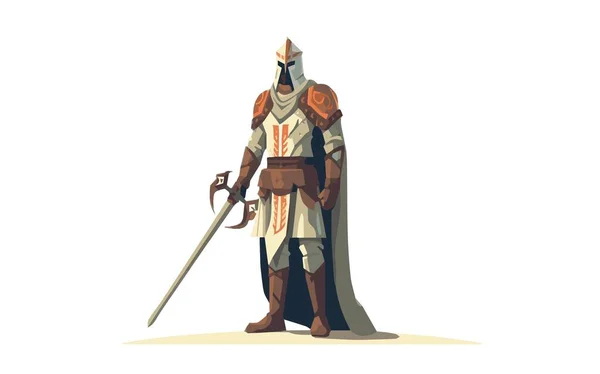 中世纪的战士拿着剑面对着白色的背景 带有大剑的十字军的矢量图解 — 图库矢量图片