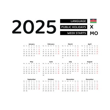 Malavi Takvimi 2025. Hafta pazartesiden itibaren başlıyor. Vektör grafik tasarımı. İngilizce.