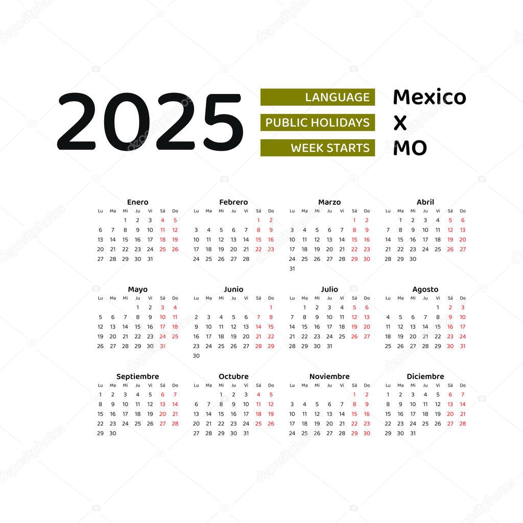 Calendario México 2025. La semana comienza el lunes. Diseño gráfico