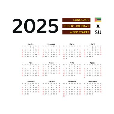 Mozambik takvimi 2025. Hafta pazar günü başlıyor. Vektör grafik tasarımı. Portekizce.