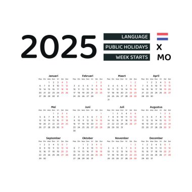 Hollanda Takvimi 2025. Hafta pazartesiden itibaren başlıyor. Vektör grafik tasarımı. Hollandaca.