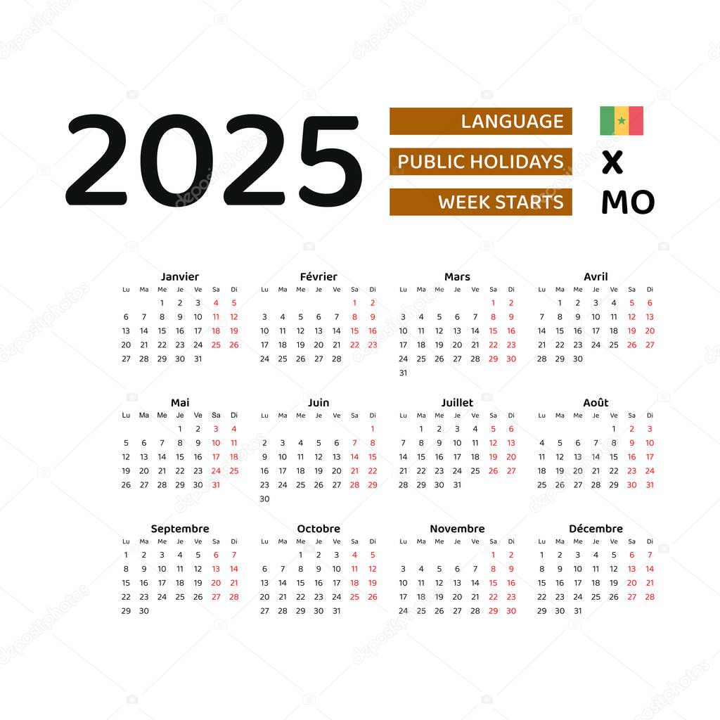 Calendario Senegal 2025. La semana comienza el lunes. Diseño gráfico