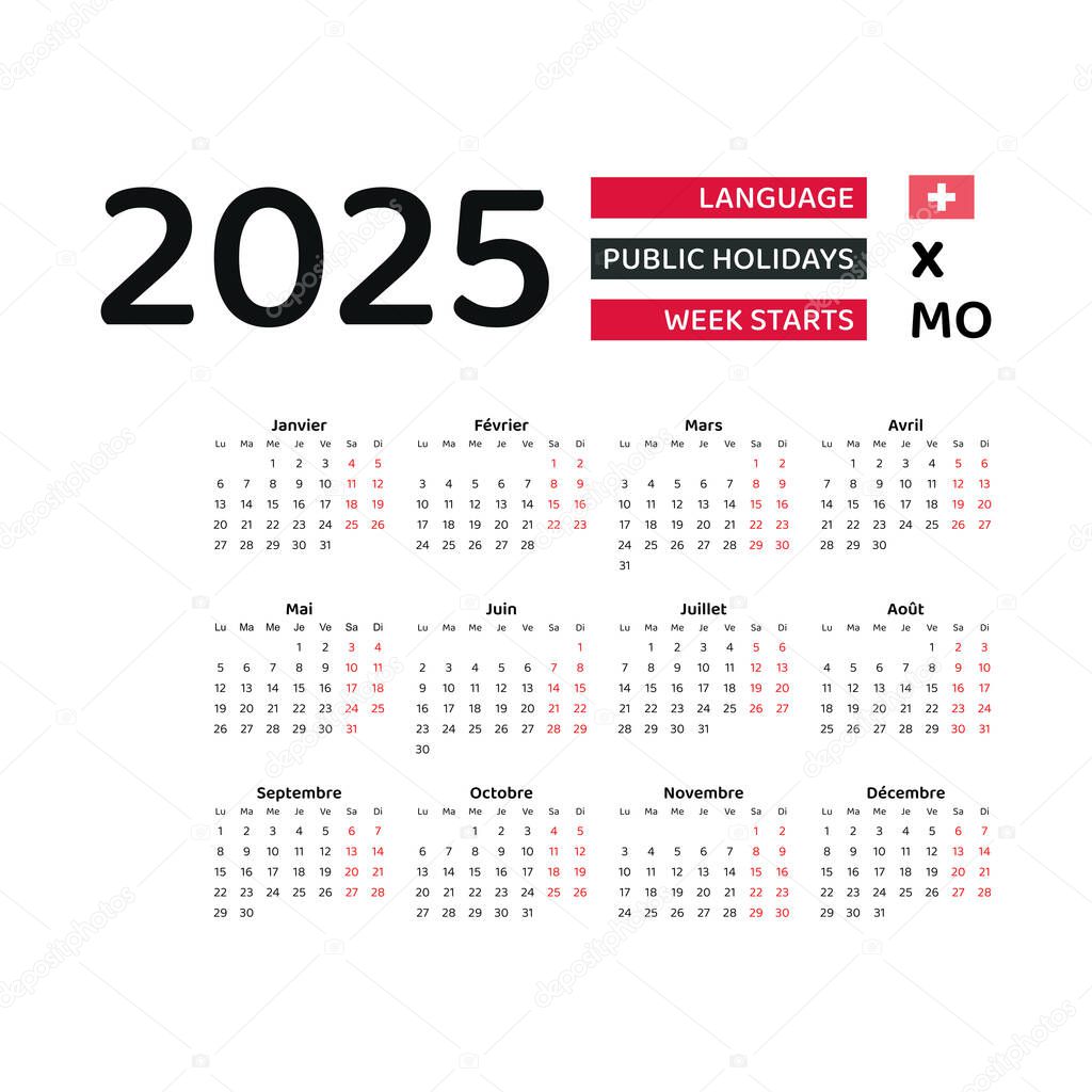 Calendario Suiza 2025. La semana comienza el lunes. Diseño gráfico