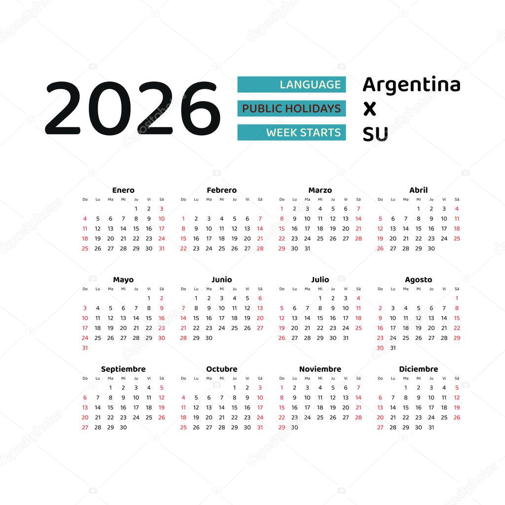 Calendario Argentina 2026. La semana comienza el domingo. Diseño gráfico vectorial. Idioma