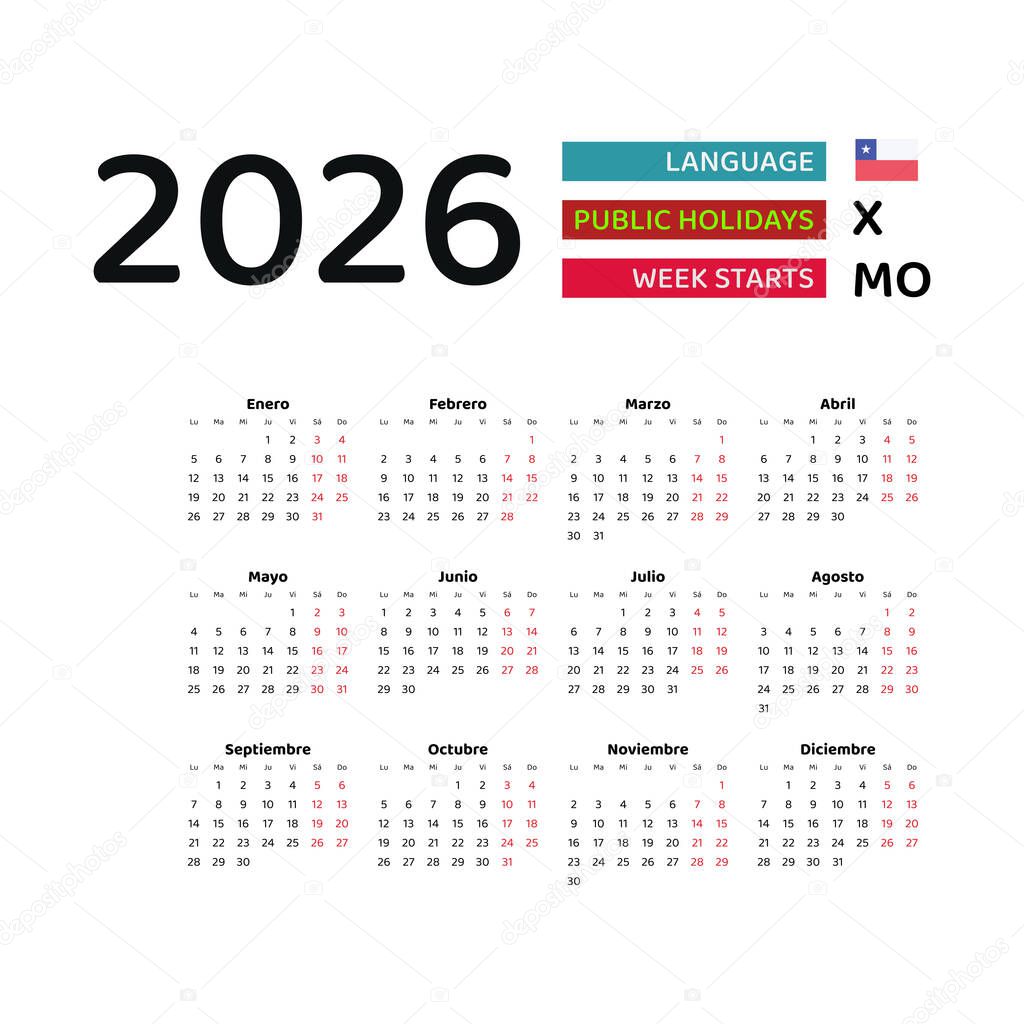 Calendario Chile 2026. La semana comienza el lunes. Diseño gráfico Calendario Chile 2026. La semana comienza el lunes. Diseño gráfico