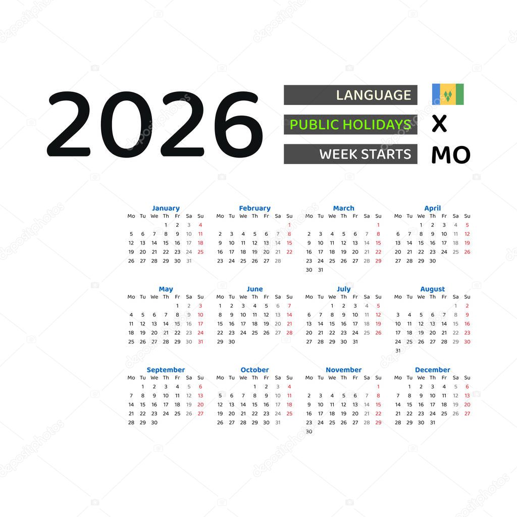 Calendar 2026 English language with Saint Vincent and the Grenadines