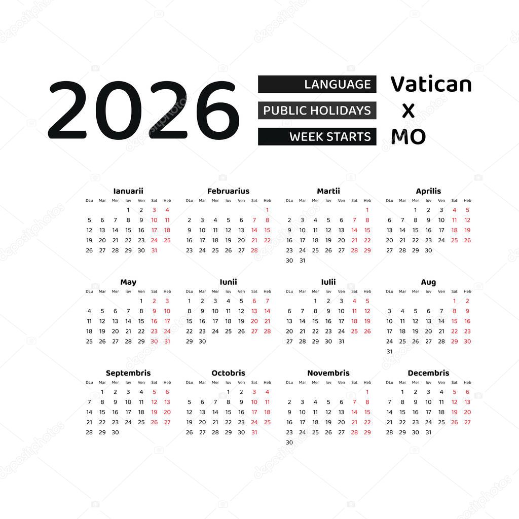Calendario 2026 Lengua latina con días festivos de la Ciudad del