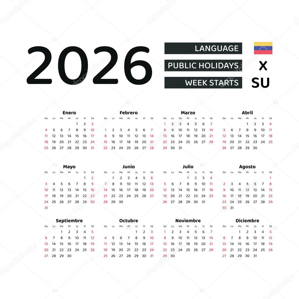 Calendario 2026 Español con Venezuela festivos. La semana comienza el
