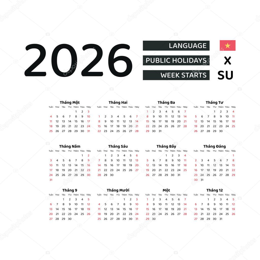 Calendar 2026 Vietnamese language with Vietnam public holidays. Week