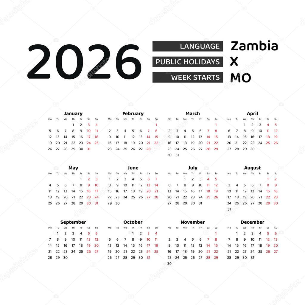 Calendario 2026 Idioma inglés con festivos de Zambia. La semana