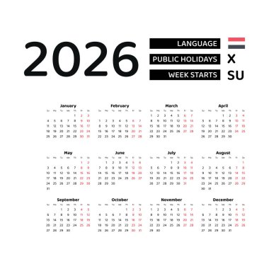 Takvim 2026 Yemen resmi bayramları ile İngilizce. Hafta pazar günü başlıyor. Grafik tasarım vektör çizimi.