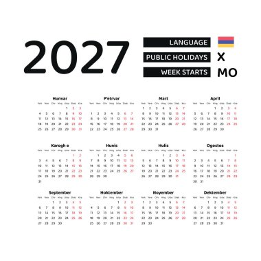 Ermenistan Takvimi 2027. Hafta pazartesiden itibaren başlıyor. Vektör grafik tasarımı. Ermeni dili.