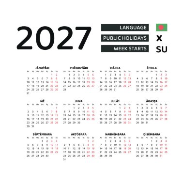 Bangladeş Takvimi 2027. Hafta pazar günü başlıyor. Vektör grafik tasarımı. Bangla dili.