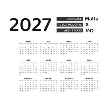 Malta resmi bayramlarıyla 2027 Malta dili takvimi. Hafta pazartesiden itibaren başlıyor. Grafik tasarım vektör çizimi.
