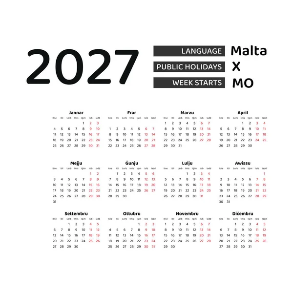 Malta resmi bayramlarıyla 2027 Malta dili takvimi. Hafta pazartesiden itibaren başlıyor. Grafik tasarım vektör çizimi.