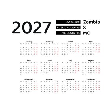 Zambiya bayramları ile 2027 numaralı takvim İngilizce. Hafta pazartesiden itibaren başlıyor. Grafik tasarım vektör çizimi.