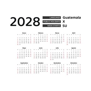 Guatemala bayramları ile 2028 numaralı takvim İspanyolca. Hafta pazar günü başlıyor. Grafik tasarım vektör çizimi.