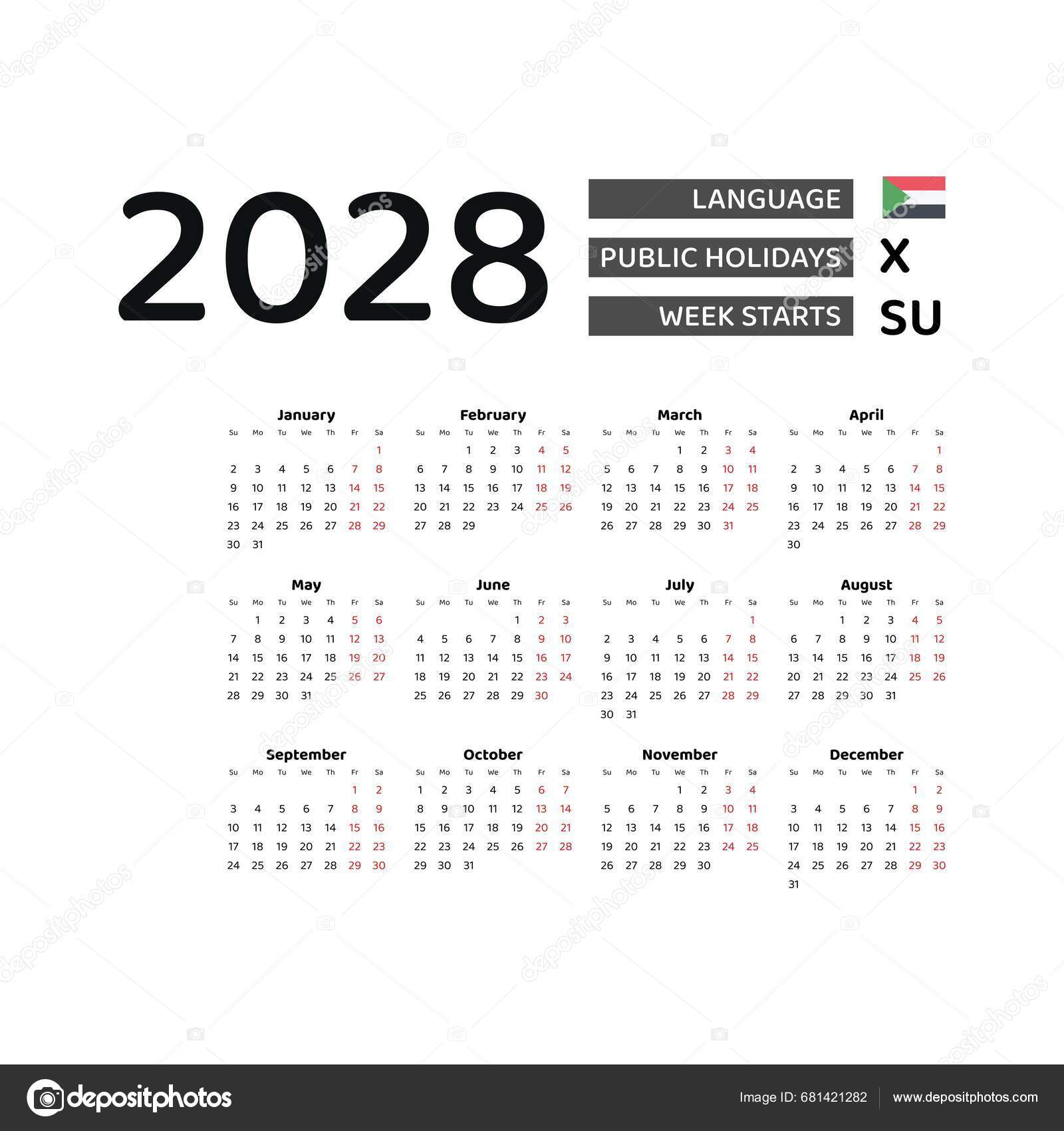 Calendar 2028 English Language Sudan Public Holidays Week Starts Sunday