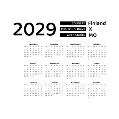 Finlandiya resmi tatili ile 2029 Fince takvimi. Hafta pazartesiden itibaren başlıyor. Grafik tasarım vektör çizimi.