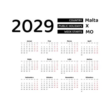 Malta bayramları ile 2029 Malta dili takvimi. Hafta pazartesiden itibaren başlıyor. Grafik tasarım vektör çizimi.