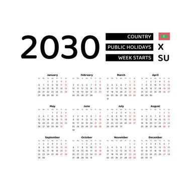 Takvim 2030 Maldivler resmi tatil ile İngilizce dil. Hafta pazar günü başlıyor. Grafik tasarım vektör çizimi.