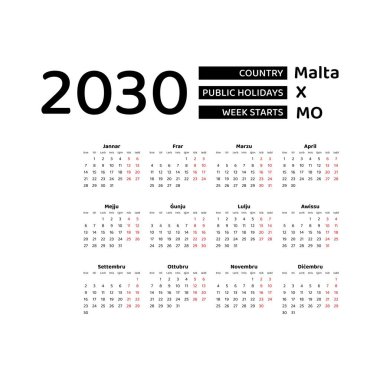 Takvim 2030 Malta halk bayramları ile Malta dili. Hafta pazartesiden itibaren başlıyor. Grafik tasarım vektör çizimi.