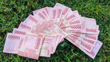 Yeşil çimlere saçılmış 100.000 Endonezya Rupia banknotundan oluşan büyük bir yığın. Banknotlar parlak pembe, siyah ve yeşil aksanlı. Sahne bolluk ve refah hissi uyandırıyor..
