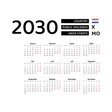 Hollanda resmi bayramları ile 2030 Hollanda dili takvimi. Hafta pazartesiden itibaren başlıyor. Grafik tasarım vektör çizimi.